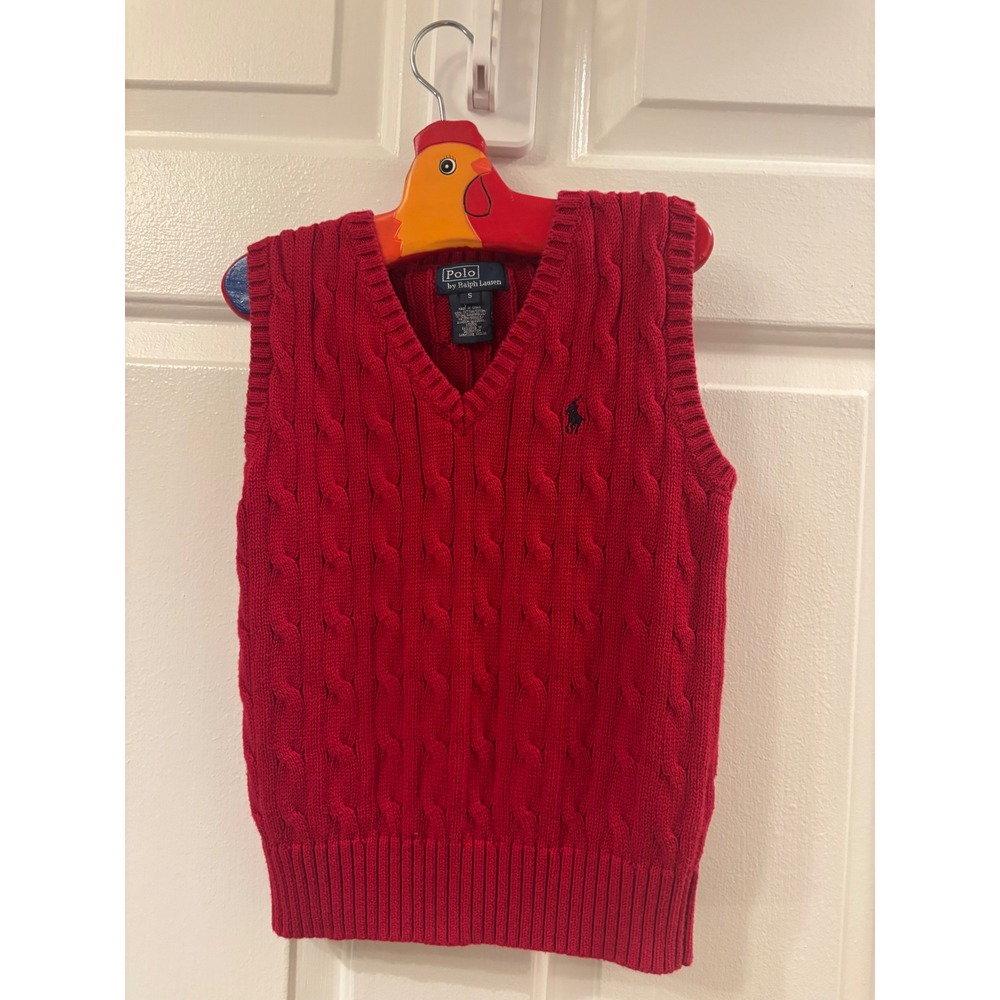 Polo Ralph Lauren Boys Red Cable Knit Cotton V-Neck Sweater Vest Size 5